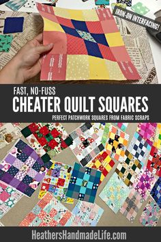 someone is making quilt squares with different colors and patterns on the table, including one that has