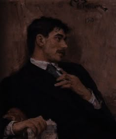 a painting of a man sitting in a chair with his hand on his tie and looking off to the side