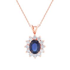 Make her feel like royalty with this sapphire and diamond necklace. Crafted with a beautiful oval, heat treated, blue sapphire center stone surrounded by high quality round brilliant diamonds set in 14 karat gold. This is the perfect necklace with 1/3 carat total weight of diamonds and sapphire for your queen.