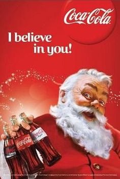 an ad for coca - cola featuring santa claus holding six cans of coke in his hand