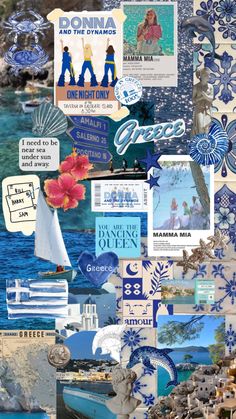 the collage is made up of many different things in blue, white and pink