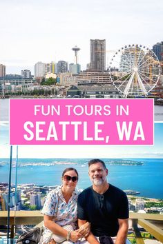 Picture of the Seattle skyline from above with a couple holding arms and a picture of the skyline with a Ferris wheel while taking top rated tours in Seattle.