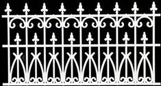 a white iron fence with decorative designs on the top and bottom, against a black background