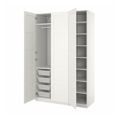 an open white closet with shelves and drawers on the bottom shelf, in front of a white background