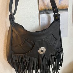 New Without Tags. In Great Condition. Strap Is Adjustable And Can Be Worn As A Crossbody Or As A Shoulder Bag. Black Hobo Bag With Fringe For Daily Use, Black Fringe Hobo Bag For Daily Use, Black Fringe Hobo Bag For Everyday, Black Leather Hobo Bag With Snap Closure, Black Leather Shoulder Bag With Snap Closure, Black Hobo Bag With Snap Closure For Travel, Black Leather Fringe Bags, Genuine Leather Bags, Country Girls