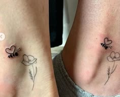 two people with matching tattoos on their feet, one has a bee and the other has a flower