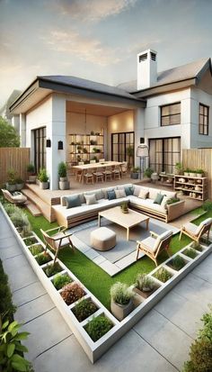 an outdoor living area with couches, tables and plants on the lawn in front of a house