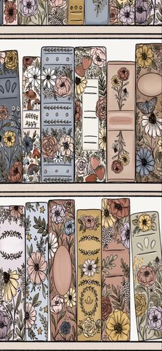 an assortment of flower themed bookshelves with floral designs on them, all lined up in rows