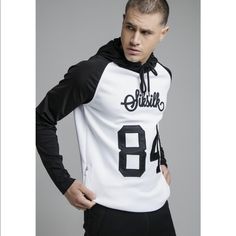 New Siksilk Black & White Hoodie Black Stretch Hoodie For Sports Season, Fitted Sporty Hoodie With Graphic Print, White Fitted Sweatshirt For Streetwear, Fitted White Sweatshirt For Streetwear, Black Tops With Drawstring Hood For Sports Events, Stretch Hoodie For Streetwear And Sports Season, White Athleisure Hoodie For Sports Events, White Stretch Sporty Sweatshirt, Black Drawstring Hood Top For Sports Season