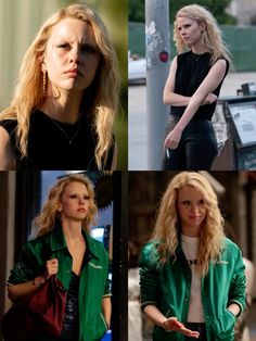 four photos of women in green jackets and black pants, one with her hand on her hip