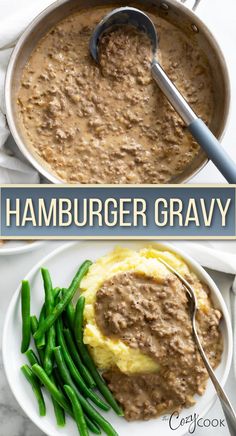 top portion is skillet with hamburger gravy, bottom is hamburger gravy over mashed potatoes Hamburger Meat And Cream Of Mushroom, Hamburger Mushroom Gravy, Ground Beef Gravy Recipe, Cream Of Mushroom Soup Recipes Beef, Rice Gravy Recipes, Hamburger And Gravy Recipe, Hamburger And Gravy, Ground Beef Mushroom Recipe, Beef Cream Of Mushroom