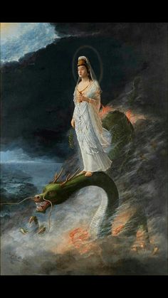 a painting of a woman standing on top of a dragon in the ocean with clouds