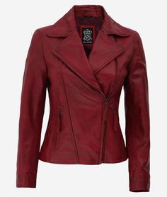 Fitted Leather Jacket Womens  Red Leather Motorcycle Jacket Fitted Leather Jacket, Asymmetrical Leather Jacket, Maroon Leather Jacket, Shearling Jacket Women, Womens Biker Jacket, Maroon Leather, Leather Outerwear, Slim Fit Jackets, Biker Leather