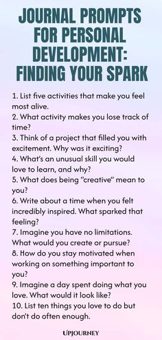 a poem with the words, journal prompts for personal development and finding your spark