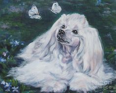 a painting of a white dog with butterflies in the background