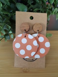 Orange Spotted Decoupage Earrings with Wood Drop Dot. This beautiful earring is 50mm in diameter and has Surgical stainless Steel Jump Rings and Studs. Very lightweight with a light coating to protect the pattern. Diy Wooden Earrings Ideas, Decoupage Earrings, Wooden Spools, Crafts To Make And Sell, Jewelry Techniques, Old Jewelry, Leather Pieces, Wooden Earrings, Wood Earrings