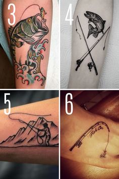 four different tattoos on the arms and legs, each with an image of a fish