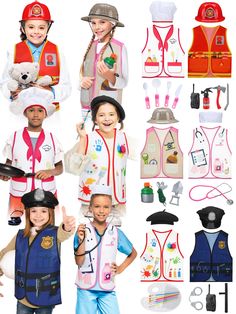 children's costumes and accessories are shown in this image, including vests, hats, gloves, boots, and more