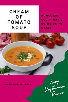 a bowl of creamy tomato soup on a table with tomatoes and parsley in the background