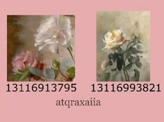 two paintings of white and pink roses on a pink background with the words atraxania