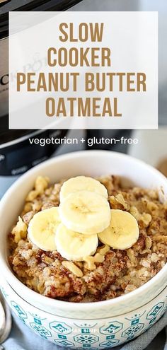 a bowl filled with oatmeal topped with banana slices