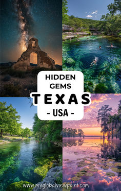 Four images of hidden gems in Texas, including stunning night sky over a historic ruin, serene swimming in crystal-clear waters, scenic lakeside views, and enchanting sunsets in Texas. Texas Must See Places, Texas Travel Places To Visit, Texas Places To Visit, Texas Things To Do, Texas Road Trips, Texas Pictures, Texas Vacation Ideas