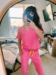 Nurse pink scrubs Figs Pink Scrubs, Figs Nurse Aesthetic, Figs Scrubs Outfit, Fig Scrubs, Nurse Fashion Scrubs