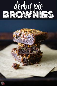 three brownies stacked on top of each other with the words derby pie brownies above them