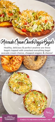 an advertisement for bread with cheese and other toppings on the top, along with two bagels