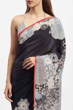 Black saree featuring floral lace detailing, highlighted with bead and sequin work. Comes with a running blouse piece. - Aza Fashions Sarees Black, Satya Paul, Black Saree, Printed Sarees, Silk Crepe, Blouse Piece, Black Silk, Aza Fashion, Black Floral