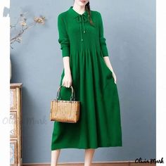 Olivia Mark - Relaxed and Cozy Knee-Length Oversized Sweater Dress Oversized Green Dress For Fall, Green Relaxed Fit Dress For Fall, Green Oversized Dress For Workwear, Green Oversized Dress For Work, Oversized Green Dress For Work, Oversized Green Winter Dress, Green Oversized Winter Dress, Casual Plain Winter Dress, Casual Plain Dresses For Winter