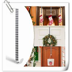 christmas decorations are hanging on the wall and in front of an open door with a checkered ribbon