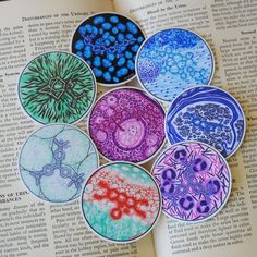 an open book with six different colored plates on it's page, each containing cells