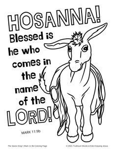 a coloring page with an image of a donkey and the words, hosanna