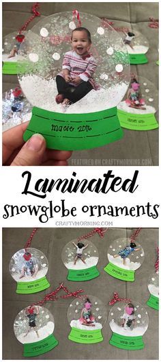 an ornament with snowglbe ornaments in the shape of children's pictures