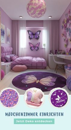 the bedroom is decorated in pink, purple and white colors with butterflies on the ceiling