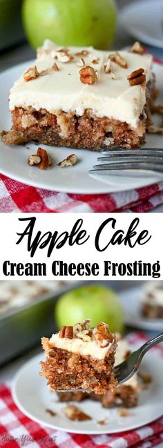 an apple cake with cream cheese frosting is on a plate and has a fork in it