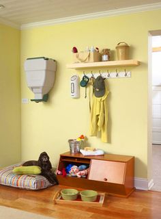 a dog laying on its bed in a room with yellow walls and wooden flooring