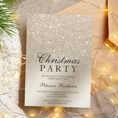 A chic and luxurious pearl ivory glitter ombre metallic foil design with elegant calligraphy typography for a corporate Christmas party invitation . Formal Christmas Party, Corporate Christmas Party Invitations, White Christmas Party, Gold Glitter Ombre, Corporate Christmas Parties, Foil Design, Christmas Party Themes, Calligraphy Typography