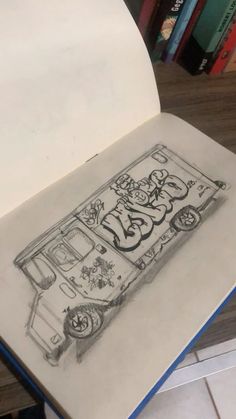 a drawing of a bus with graffiti on it