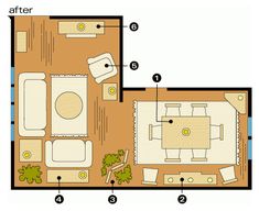 the floor plan for a living room and dining area with furniture, including couches, chairs