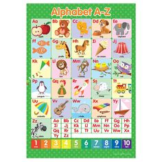 an alphabet poster with animals, letters and numbers on it's sides for children to learn