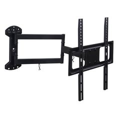 two black tv wall mounts with one holding the flat screen