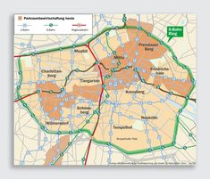 a map of the city of berlin with roads and streets marked in red, green and yellow