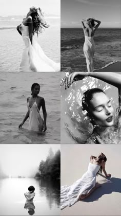 black and white photo collage with woman in dress on the beach, water and trees