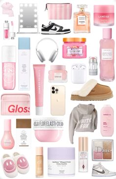 a collage of pink and white items including shoes, handbags, lipstick, perfume bottles