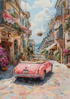 a painting of an old red car parked on the side of a cobblestone street