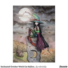 a painting of a woman in a witches hat sitting on a rock with her cat