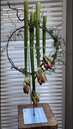 an arrangement of flowers is displayed in front of a window