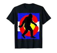 a bigfoot t - shirt with the image of a man in front of a red, yellow and blue circle